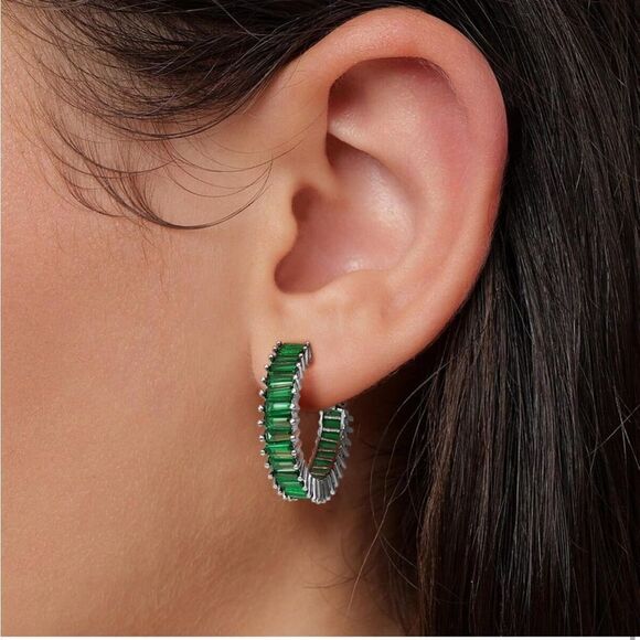 14K White Gold with Emerald Green Cubic Zirconia Drop Hoop Leverback Earrings main image 0